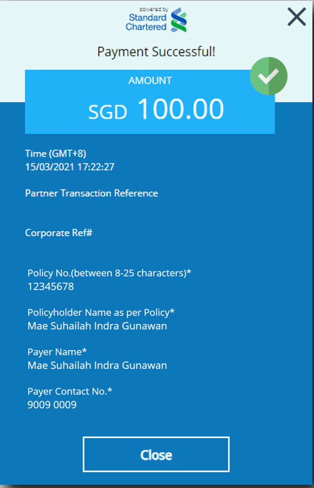 Confirmation screen upon successful payment via PayNow.