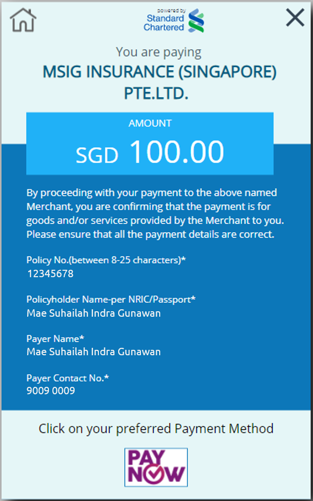 Confirm your details before proceeding to pay for your MSIG policies through PayNow.