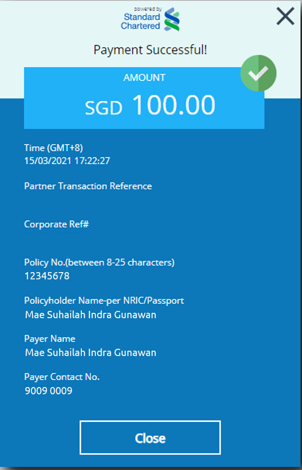Confirmation screen upon successful payment via PayNow.